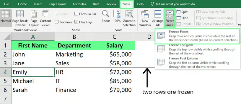 Mehrere Zeilen gleichzeitig in Excel fixieren 4
