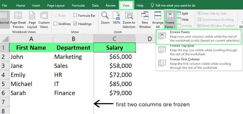 Mehrere Spalten in Excel fixieren 5