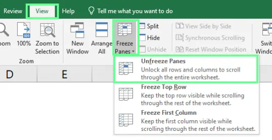 Fixierte Bereiche in Excel aufheben 6