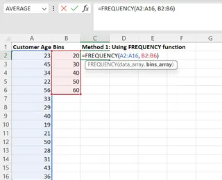 使用FREQUENCY()函数计算频率分布的公式2