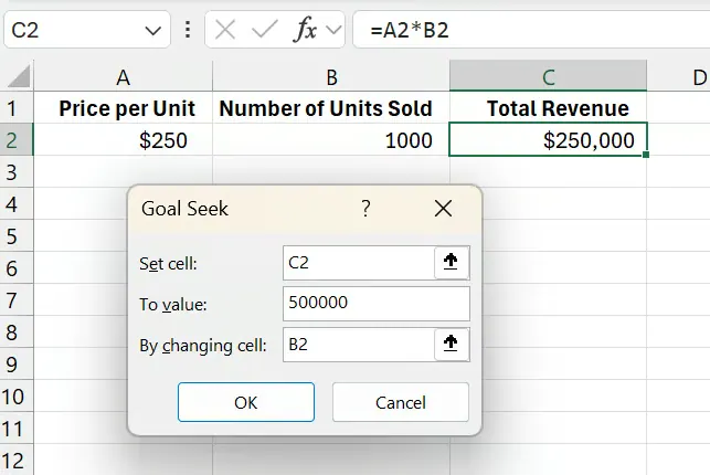 Excel Goal Seek Optionen für das Umsatzzielbeispiel 10