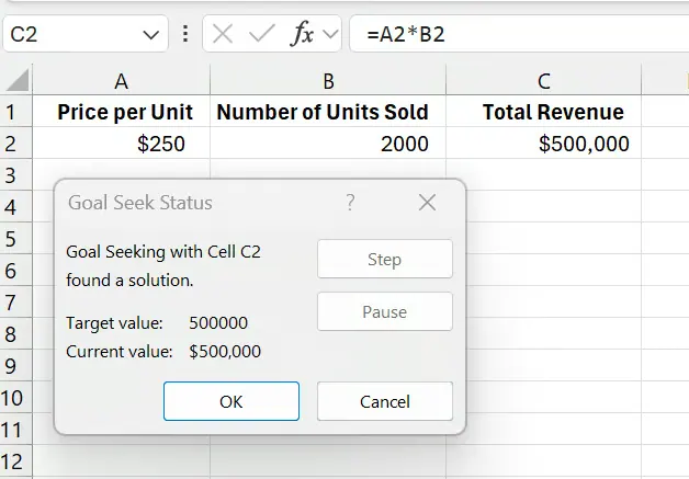 Excel Goal Seek Ergebnisse für das Umsatzzielbeispiel 11