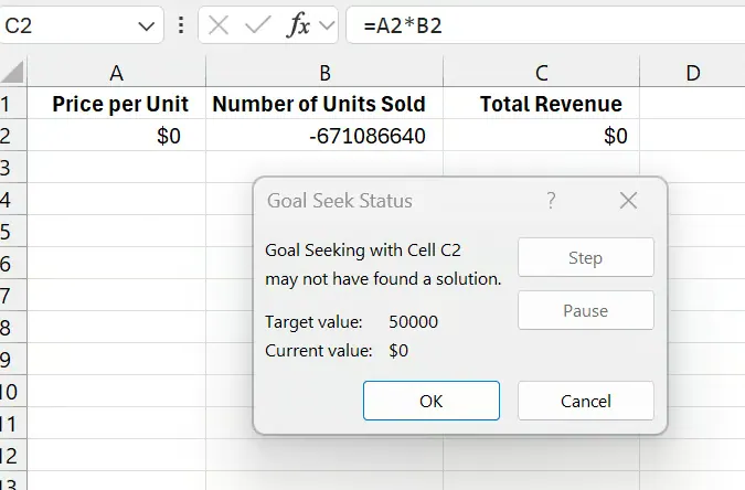 Excel Goal Seek hat möglicherweise keine Lösung gefunden Fehler 12