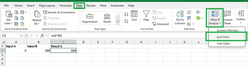 Auswahl von Goal Seek in Excel 2