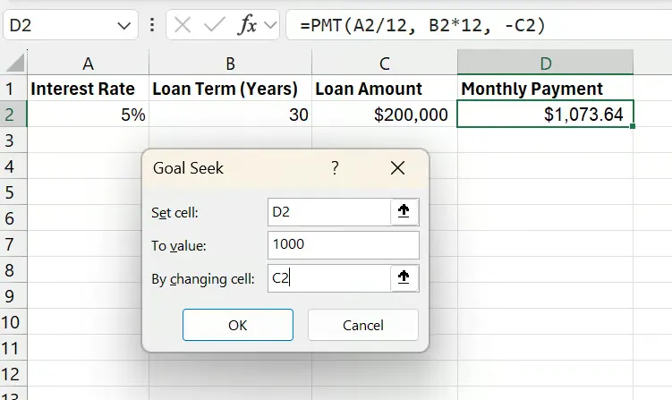 Excel Goal Seek Optionen für das Kreditzahlungsbeispiel 7