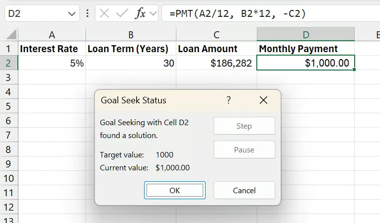 Excel Goal Seek Ergebnis für das Kreditzahlungsbeispiel 8