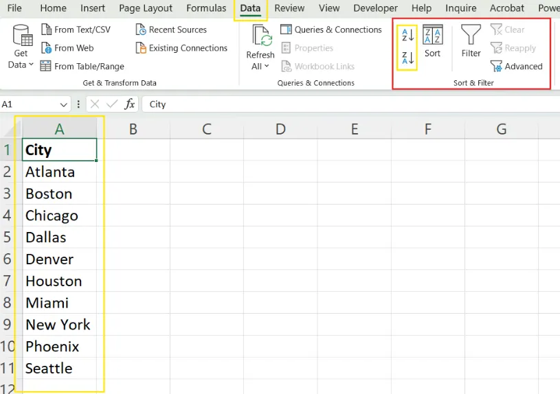 Verwendung der A-Z- und Z-A-Schaltflächen zum Alphabetisieren von Spalten in Excel. 1