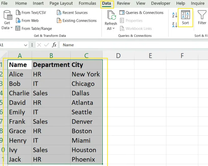 Verwendung des Sortier-Dialogfelds zum Alphabetisieren einer einzelnen Spalte in Excel. 2