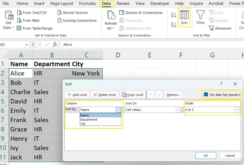 Verwendung des Sortier-Dialogfelds zum Alphabetisieren einer einzelnen Spalte in Excel. 3