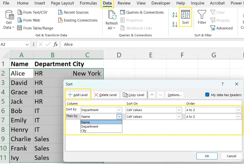 Verwendung des Sortier-Dialogfelds zum Alphabetisieren mehrerer Spalten in Excel. 4