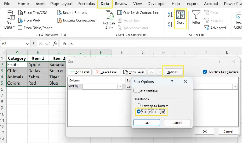 Verwendung des Sortier-Dialogfelds zum alphabetischen Sortieren von Zeilen in Excel. 5