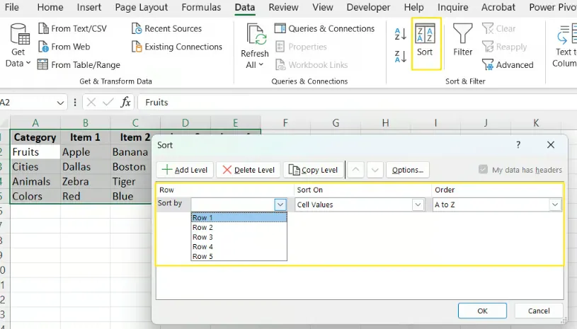 Verwendung des Sortier-Dialogfelds zum alphabetischen Sortieren von Zeilen in Excel. 6