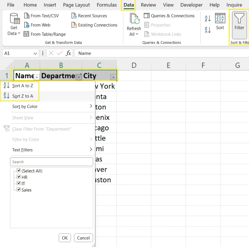 Verwendung von Filtern zum alphabetischen Sortieren von Daten in Excel. 7