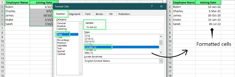 Ändern des Datumsformats mithilfe des Dialogfelds "Zellen formatieren" in Excel. 1