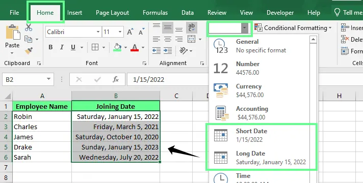 Ändern des Datumsformats mithilfe der Zahlengruppe in der Startregisterkarte in Excel. 2