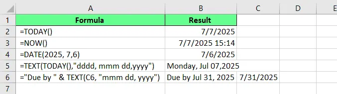 Integrierte datumsbezogene Formeln in Excel. 6