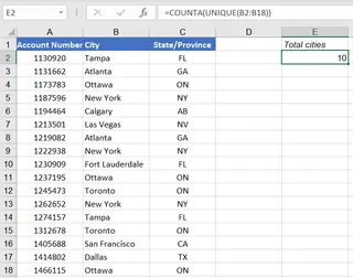 A list of cities in Excel with duplicates, and the UNIQUE function generating a clean list of distinct cities.