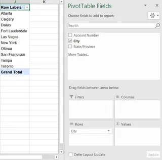 A PivotTable Fields pane showing the 'City' field being dragged into the Rows area.
