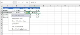 一个在 Excel 中返回 #DIV/0! 错误的公式。