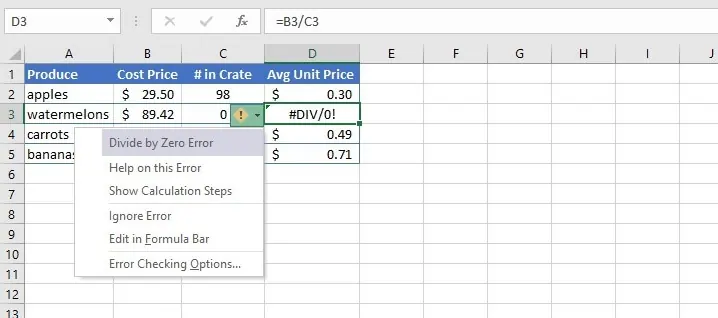 Eine Formel, die einen #DIV/0!-Fehler in Excel zurückgibt.