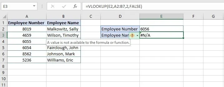 Eine VLOOKUP-Formel, die einen #N/A-Fehler zurückgibt.