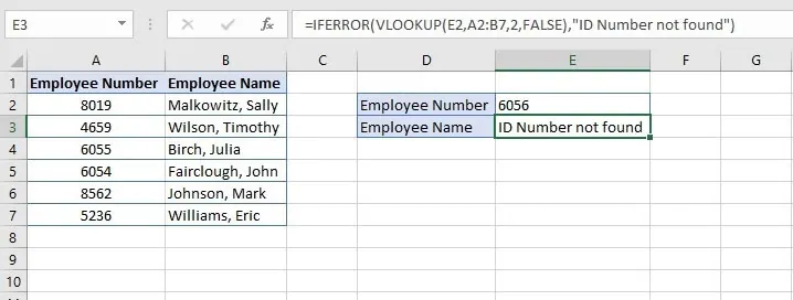 IFERROR verwenden, um eine benutzerdefinierte Meldung für einen VLOOKUP-Fehler anzuzeigen.