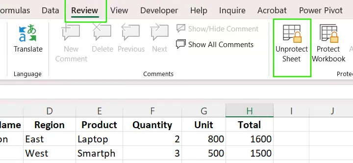 Blattschutz in Excel aufheben. 4