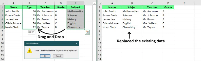 Drag-and-Drop, um eine einzelne Spalte in Excel zu verschieben. 1