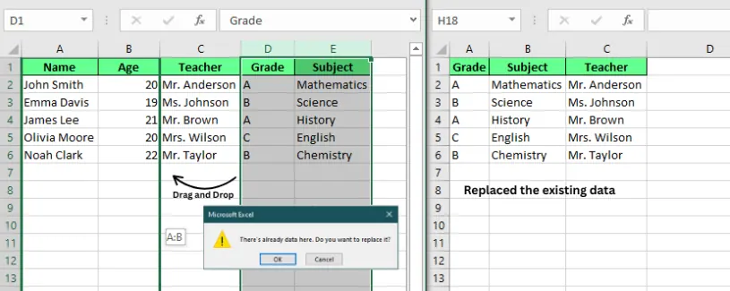 Drag-and-Drop, um mehrere Spalten in Excel zu verschieben. 2