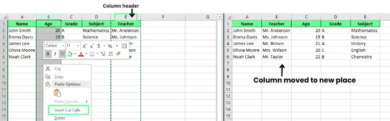 通过插入剪切单元格移动列示意图 3