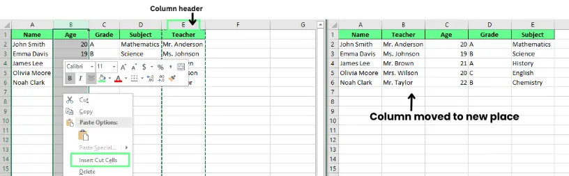 Spalten mit der Option "Ausgeschnittene Zellen einfügen" in Excel verschieben. 3