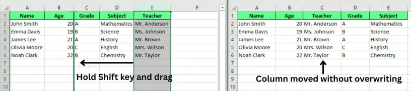 Spalten mit der Umschalttaste in Excel verschieben. 5