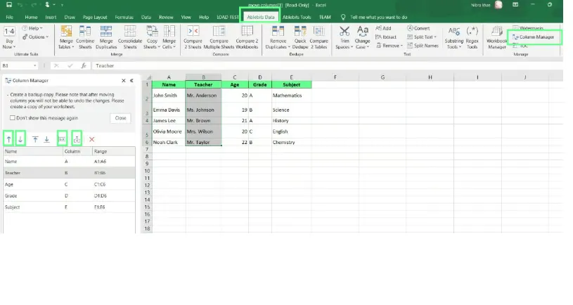Spalten mit Column Manager in Excel verschieben. 9