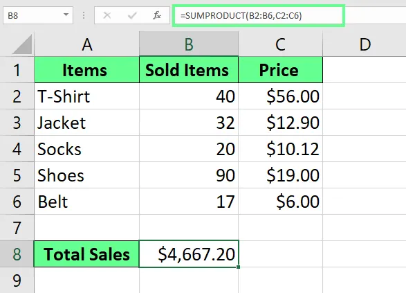 Verwenden Sie SUMMENPRODUKT, um die Ergebnisse in Excel zu multiplizieren und zu summieren. 10