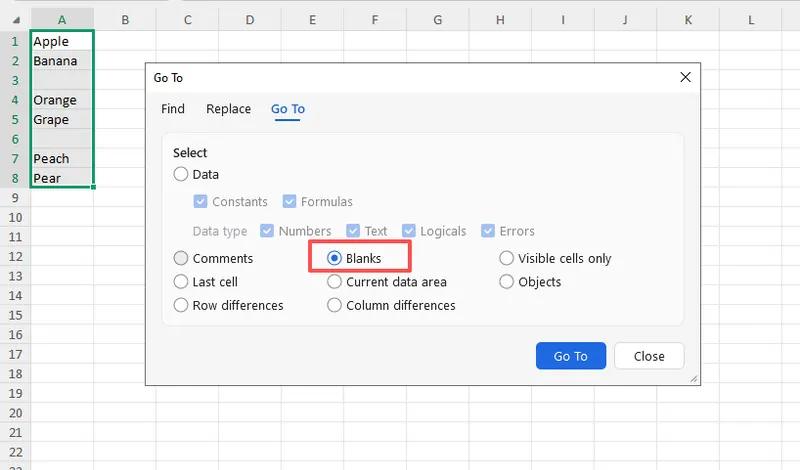 Excel 中用于选择空值的定位条件对话框