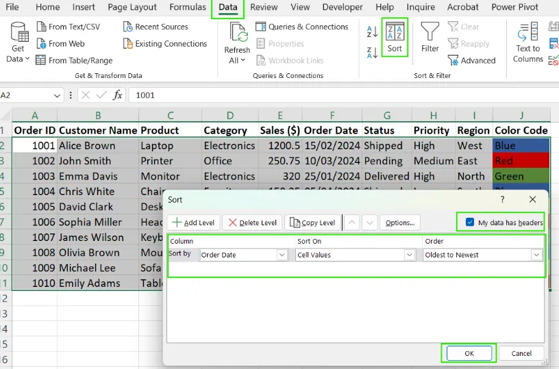 Wie man in Excel nach Datum sortiert. 1