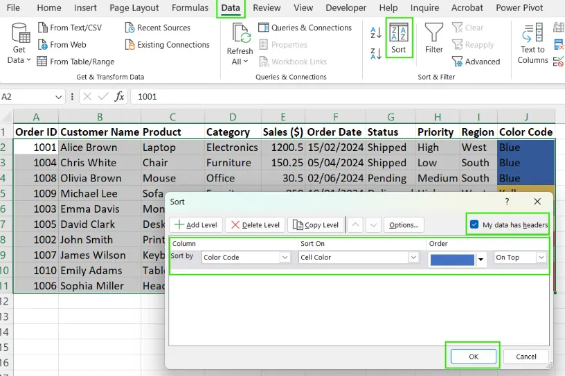 Wie man in Excel nach Farbe sortiert. 2