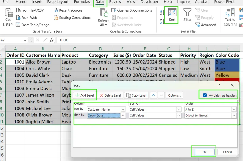 Wie man in Excel nach mehreren Spalten sortiert. 6