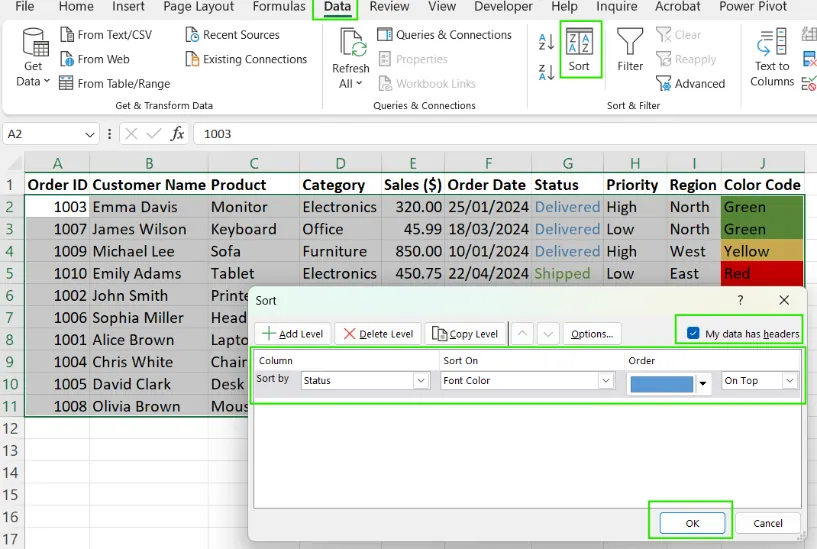 Sortieren nach Schriftfarbe in Excel. 7