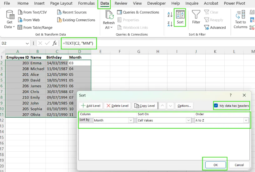 Wie man in Excel nach Monat sortiert. 9