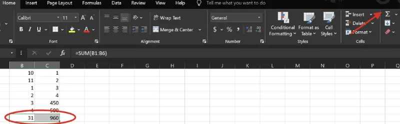 AutoSum Example in Excel 6 AutoSum Example in Excel 6