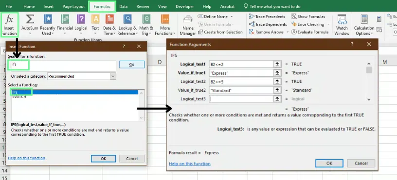 Wenden Sie die WENNS()-Funktion mit dem Funktions-Assistenten in Excel an. 1