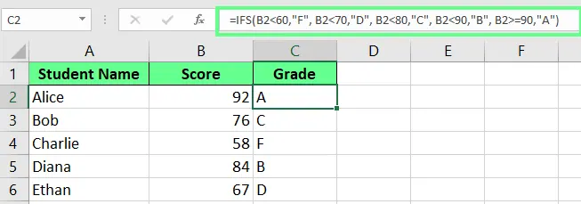 Weisen Sie Schülern Noten mit WENNS() in Excel zu. 4