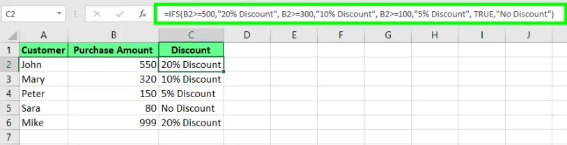 Wenden Sie Rabatte mit WENNS() in Excel an. 6