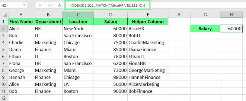 Durchführen von INDEX VERGLEICH mit Hilfsspalte in Excel. 4