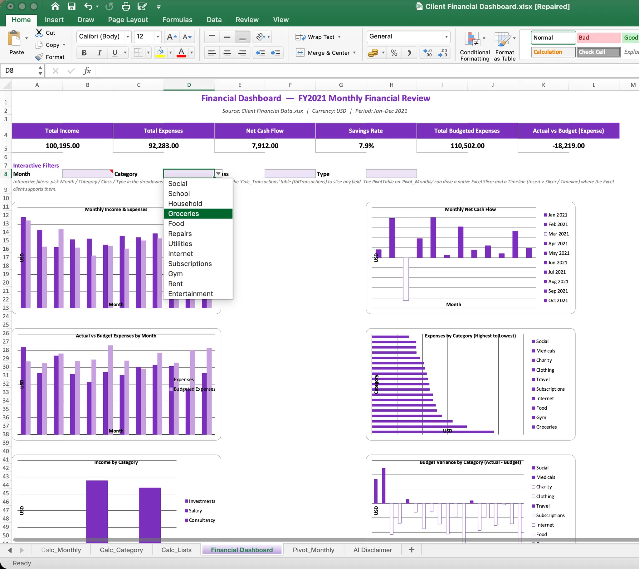 从 Client Financial Data.xlsx 生成的可编辑 Excel 仪表板