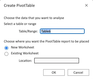 Excel 中的“创建数据透视表”对话框