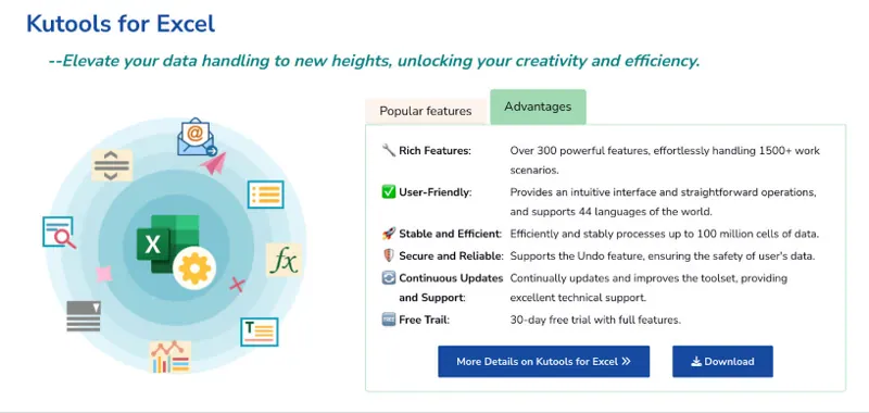 展示Kutools for Excel核心功能与能力的概览图1