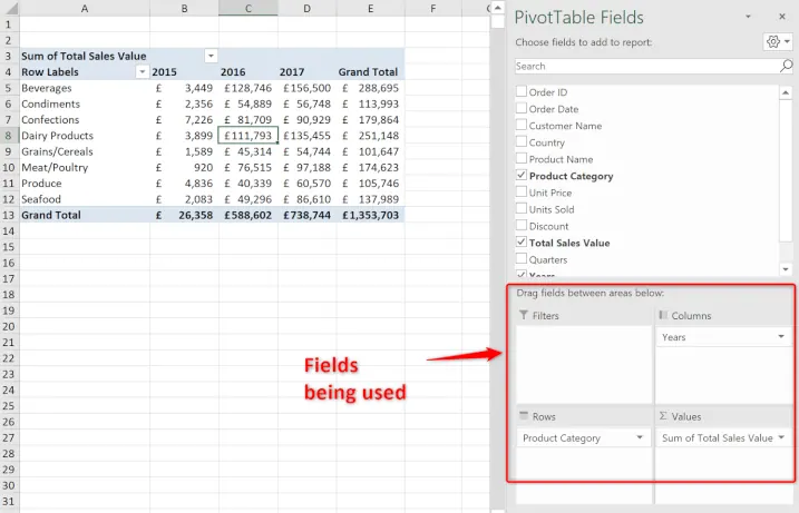 Erstellen einer PivotTable manuell in Excel