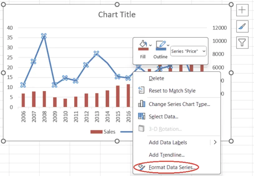 Öffnen des Bereichs zum Formatieren von Datenreihen in einem Diagramm in Excel 12